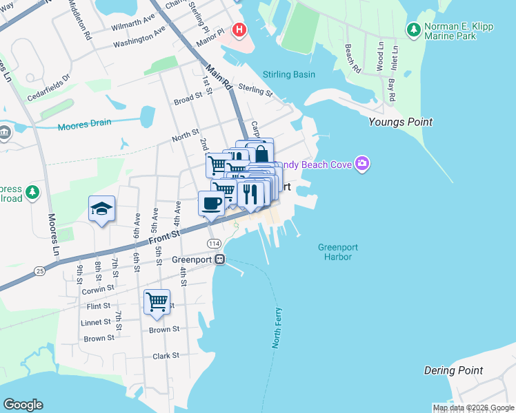 map of restaurants, bars, coffee shops, grocery stores, and more near 38 Front Street in Greenport