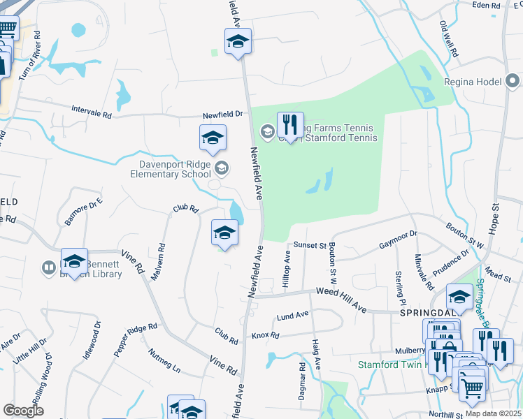 map of restaurants, bars, coffee shops, grocery stores, and more near 1300 Newfield Avenue in Stamford