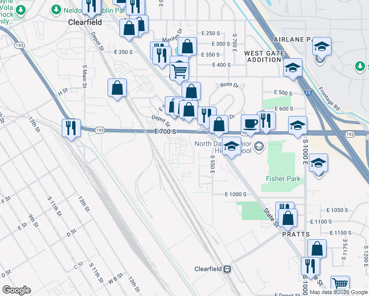 map of restaurants, bars, coffee shops, grocery stores, and more near 463 East London Way in Clearfield