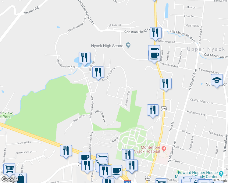 map of restaurants, bars, coffee shops, grocery stores, and more near 418 Sierra Vista Lane in Valley Cottage