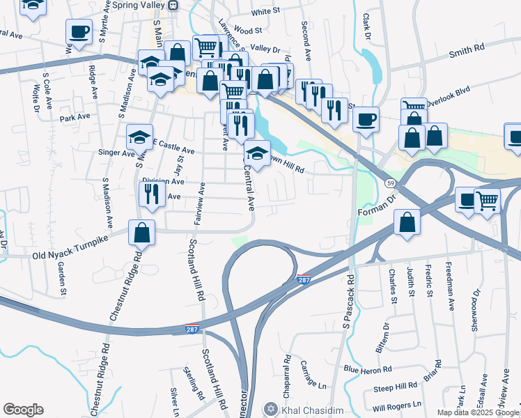 map of restaurants, bars, coffee shops, grocery stores, and more near 105 Maplewood Gardens in Nanuet