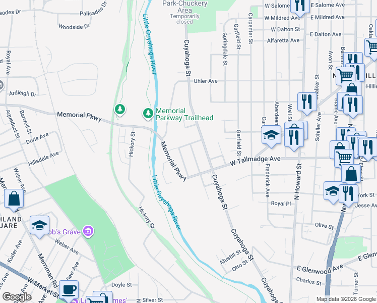 map of restaurants, bars, coffee shops, grocery stores, and more near 277 Shelby Avenue in Akron