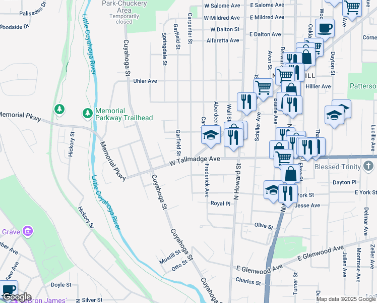 map of restaurants, bars, coffee shops, grocery stores, and more near 632 Carpenter Street in Akron