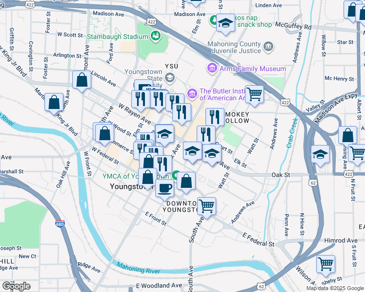 map of restaurants, bars, coffee shops, grocery stores, and more near 223 Wick Avenue in Youngstown