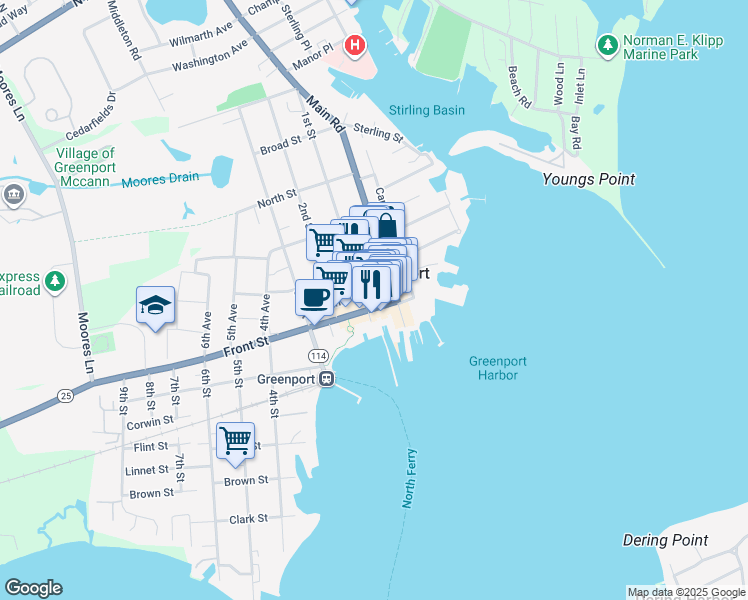 map of restaurants, bars, coffee shops, grocery stores, and more near 38 Front Street in Greenport