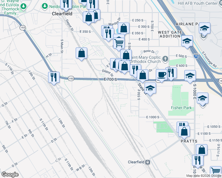 map of restaurants, bars, coffee shops, grocery stores, and more near 750 South Depot Street in Clearfield