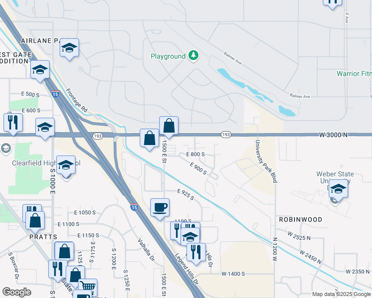 map of restaurants, bars, coffee shops, grocery stores, and more near 1541 East 750 South in Clearfield