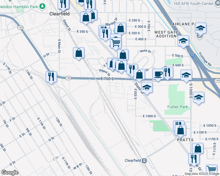 map of restaurants, bars, coffee shops, grocery stores, and more near 444 East 700 South in Clearfield