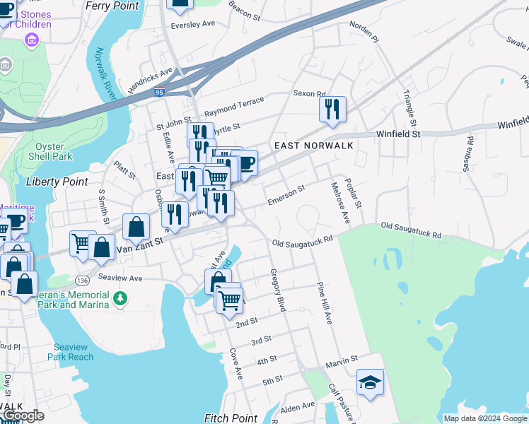 map of restaurants, bars, coffee shops, grocery stores, and more near 12 Emerson Street in Norwalk