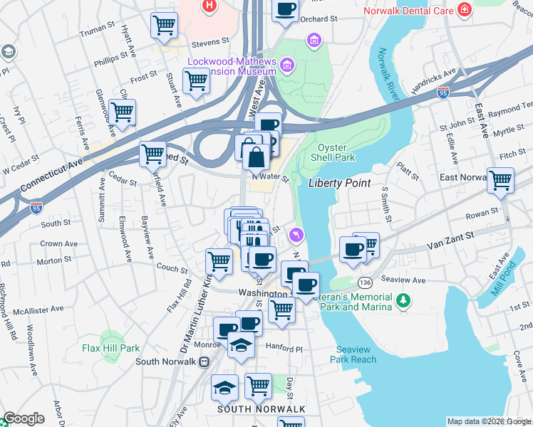 map of restaurants, bars, coffee shops, grocery stores, and more near 6 Putnam Avenue in Norwalk