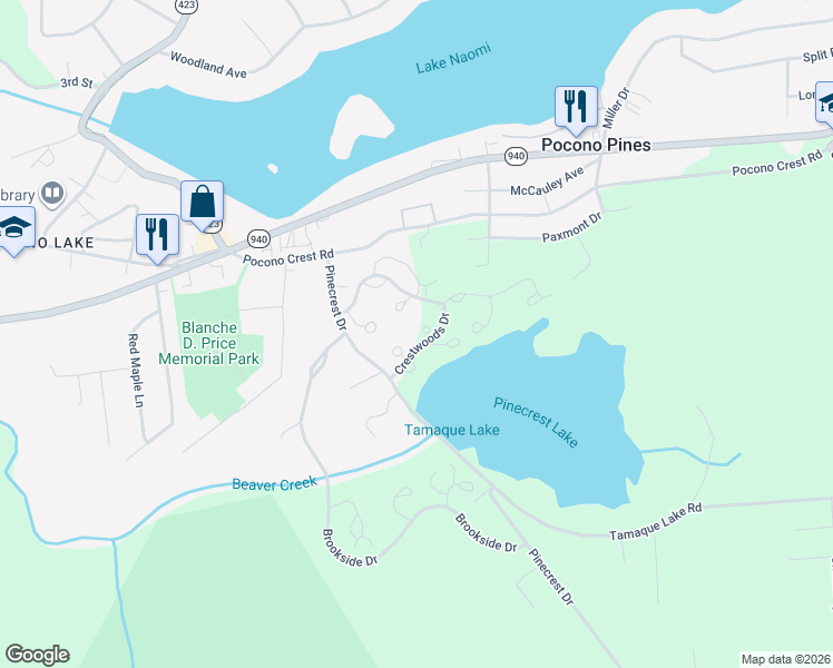 map of restaurants, bars, coffee shops, grocery stores, and more near 523 Rondaxe Lane in Pocono Pines