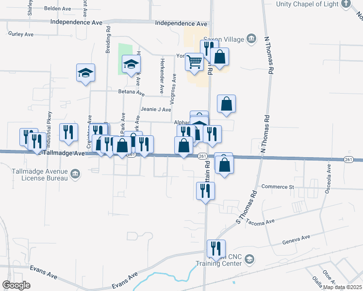 map of restaurants, bars, coffee shops, grocery stores, and more near 1295 East Tallmadge Avenue in Akron