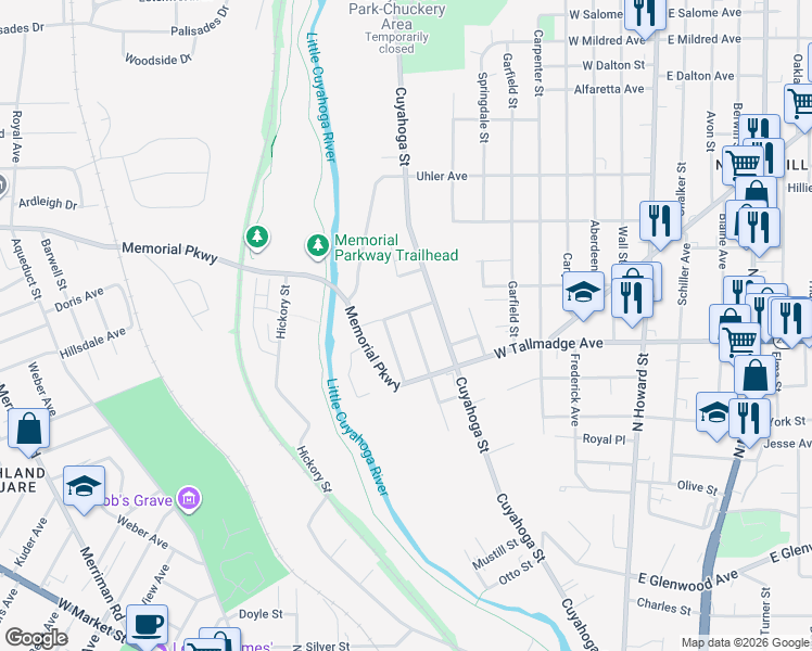 map of restaurants, bars, coffee shops, grocery stores, and more near 277 Shelby Avenue in Akron