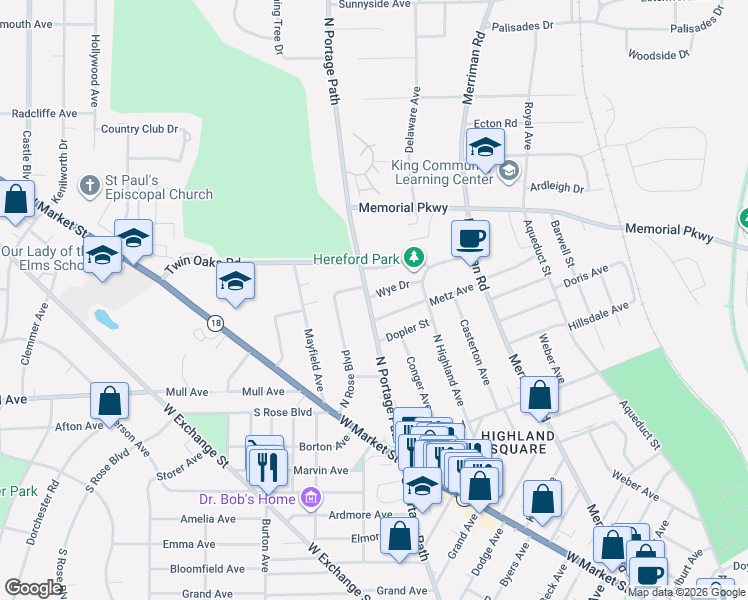 map of restaurants, bars, coffee shops, grocery stores, and more near 969 Wye Drive in Akron