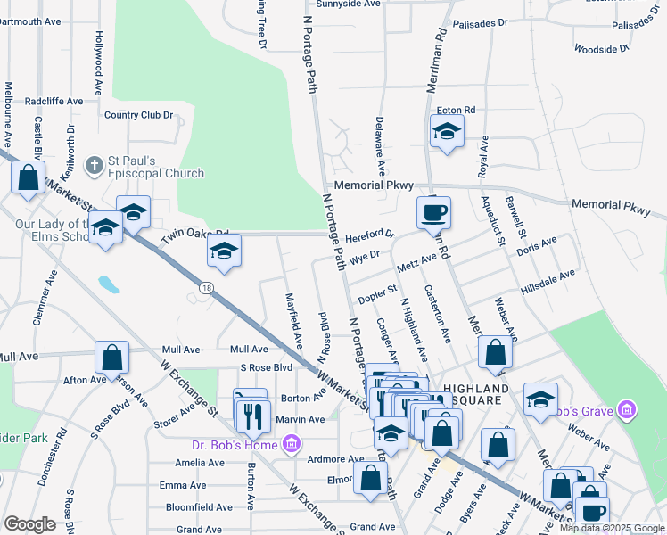 map of restaurants, bars, coffee shops, grocery stores, and more near 208 North Portage Path in Akron