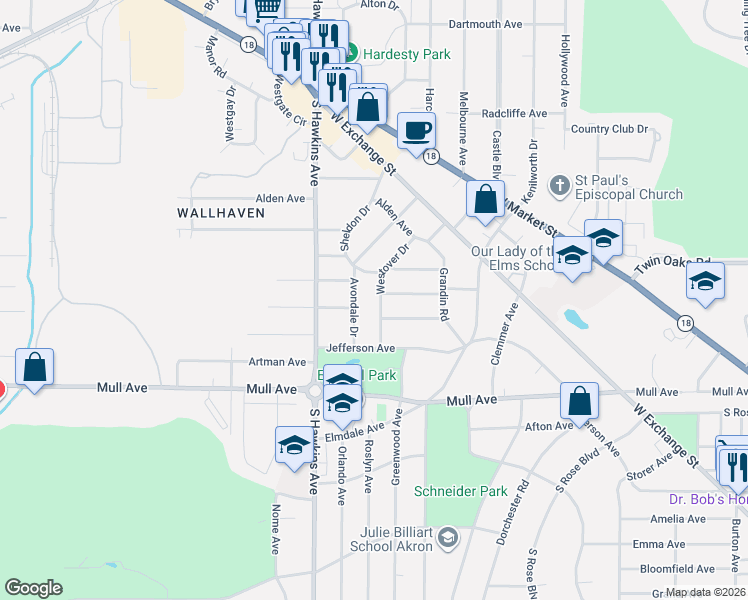 map of restaurants, bars, coffee shops, grocery stores, and more near 178 Westover Drive in Akron