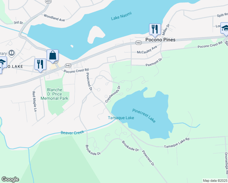 map of restaurants, bars, coffee shops, grocery stores, and more near Rondaxe Lane in Long Pond