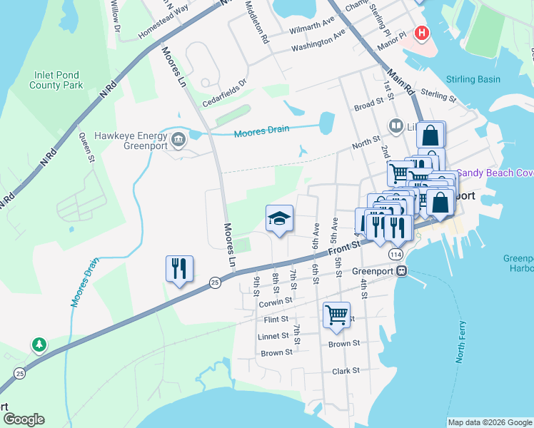 map of restaurants, bars, coffee shops, grocery stores, and more near 75955 New York 25 in Greenport