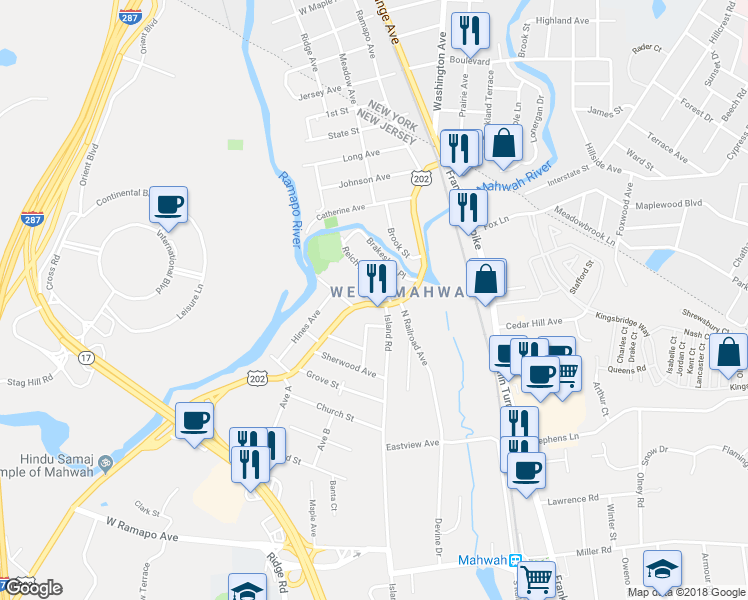 map of restaurants, bars, coffee shops, grocery stores, and more near 86 Ramapo Valley Road in Mahwah