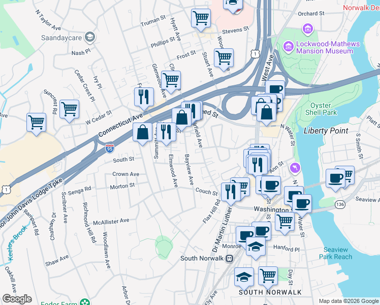 map of restaurants, bars, coffee shops, grocery stores, and more near 20 Bayview Avenue in Norwalk
