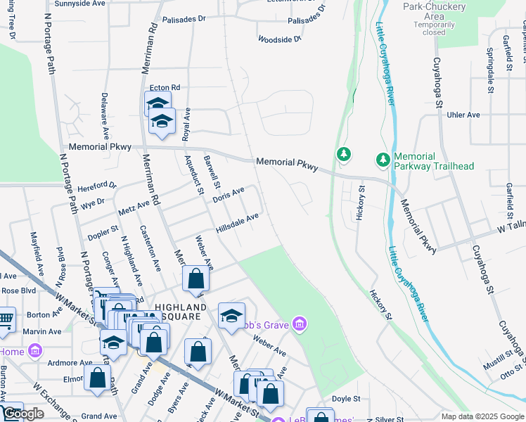 map of restaurants, bars, coffee shops, grocery stores, and more near 401-499 Woodrow Street in Akron