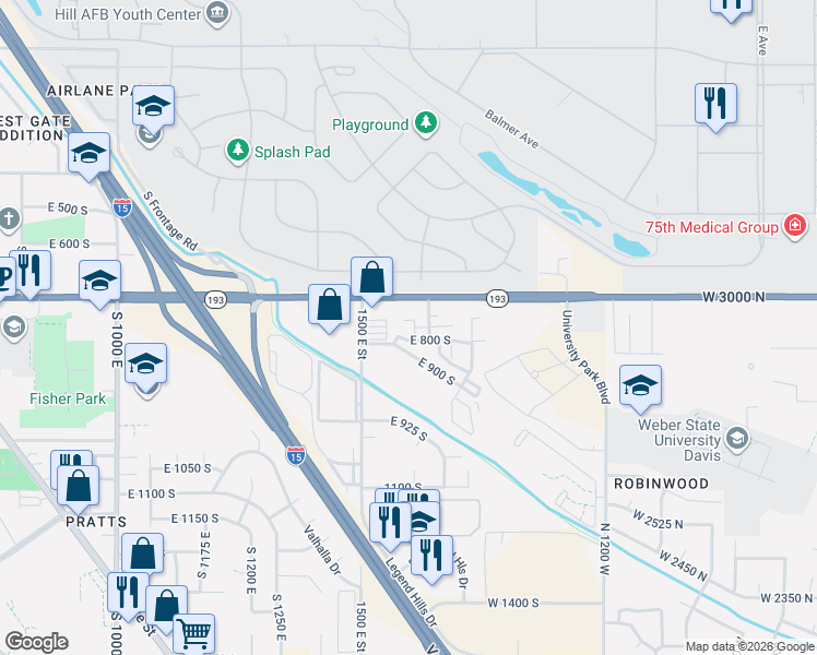 map of restaurants, bars, coffee shops, grocery stores, and more near 1543 East 750 South in Clearfield