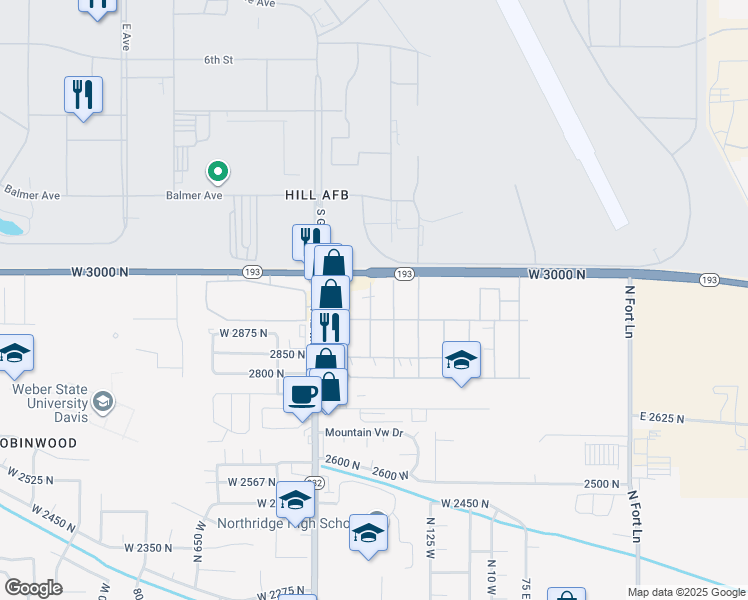 map of restaurants, bars, coffee shops, grocery stores, and more near 132 Barrington Way in Layton