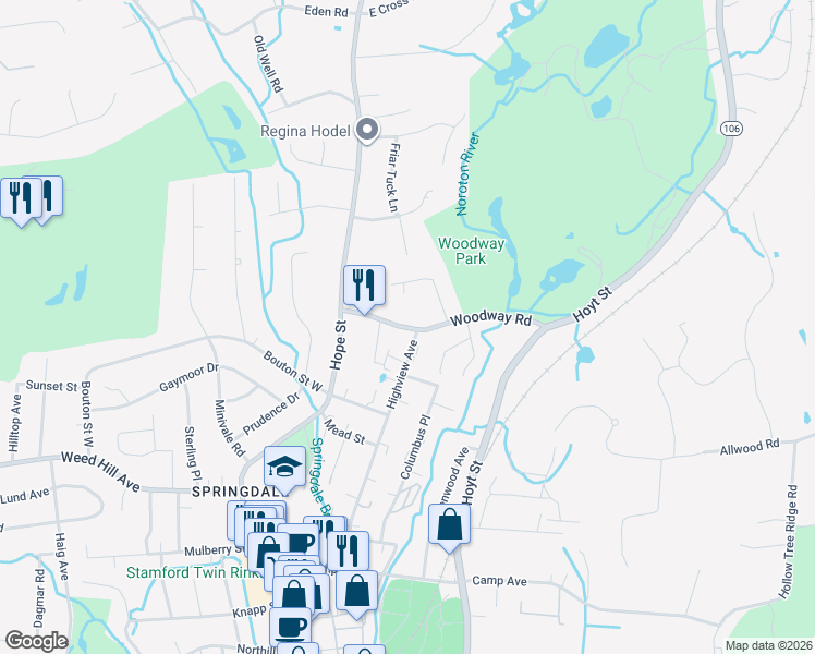 map of restaurants, bars, coffee shops, grocery stores, and more near 60 Woodway Road in Stamford