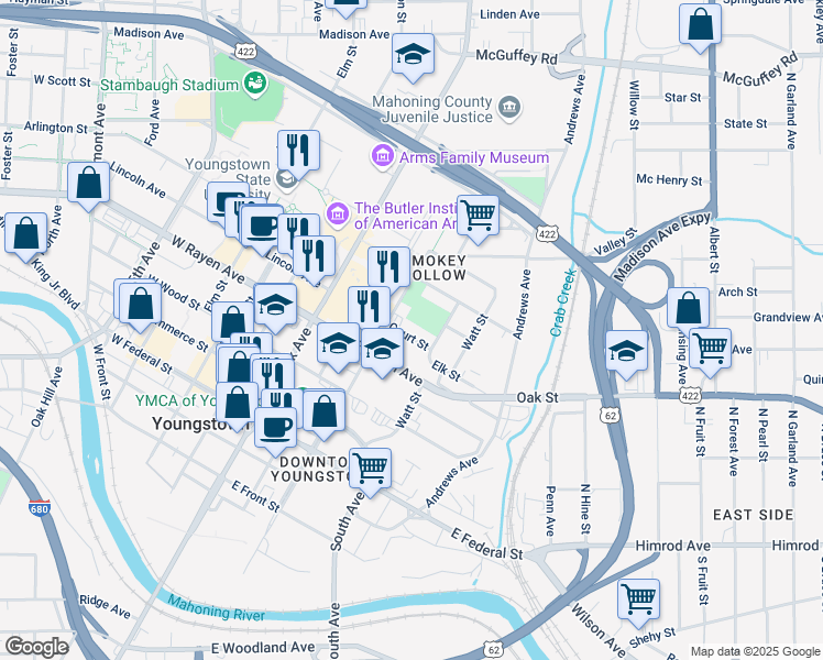 map of restaurants, bars, coffee shops, grocery stores, and more near 224 Court Street in Youngstown