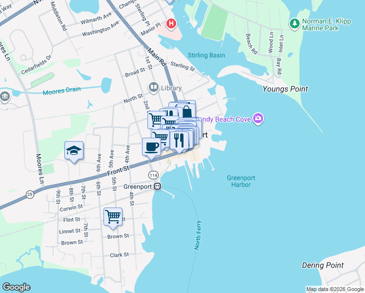 map of restaurants, bars, coffee shops, grocery stores, and more near 38 Front Street in Greenport