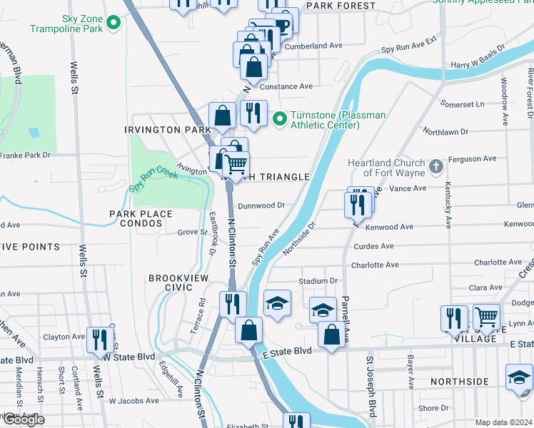 map of restaurants, bars, coffee shops, grocery stores, and more near 404 Dunnwood Drive in Fort Wayne