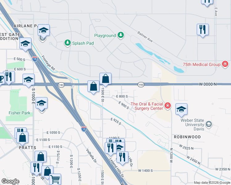 map of restaurants, bars, coffee shops, grocery stores, and more near 1543 East 750 South in Clearfield