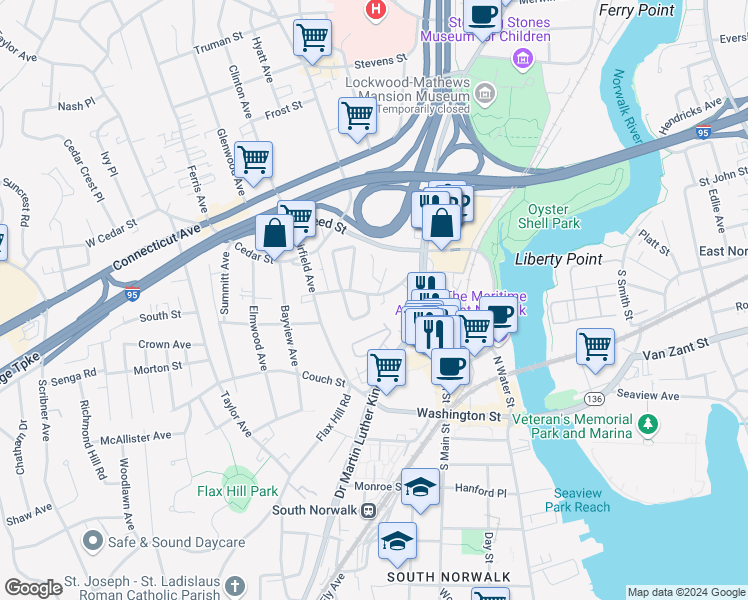 map of restaurants, bars, coffee shops, grocery stores, and more near 22 Doctor Martin Luther King Junior Drive in Norwalk