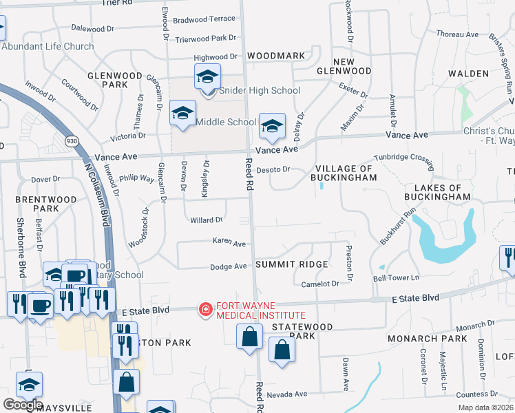 map of restaurants, bars, coffee shops, grocery stores, and more near 2818 Reed Road in Fort Wayne