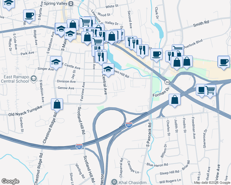 map of restaurants, bars, coffee shops, grocery stores, and more near 101 Maplewood Gardens in Nanuet