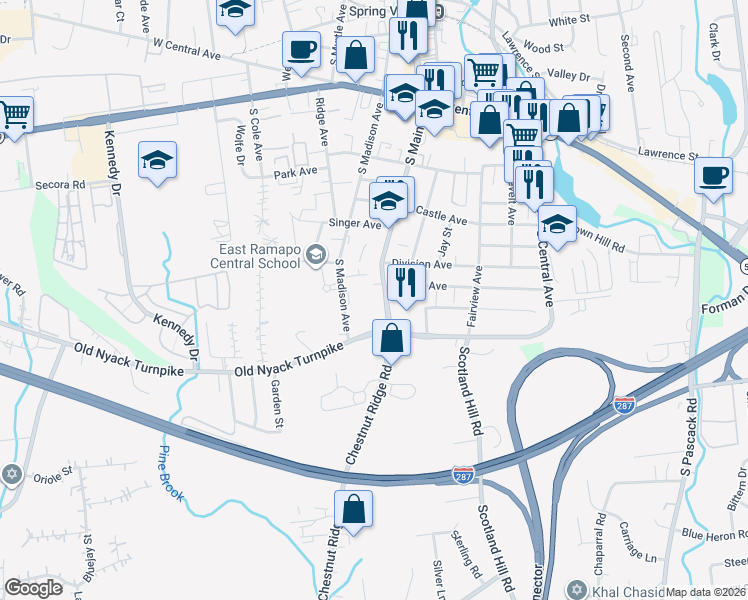 map of restaurants, bars, coffee shops, grocery stores, and more near 126 South Main Street in Spring Valley