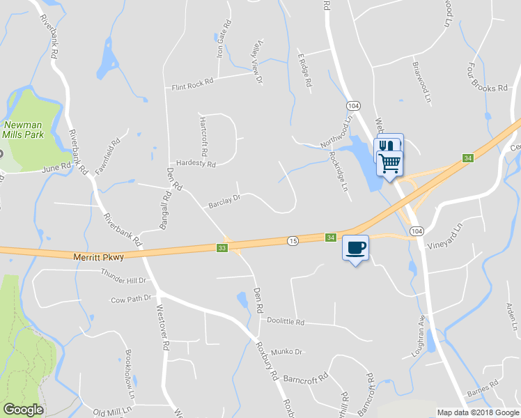 map of restaurants, bars, coffee shops, grocery stores, and more near 91 Barclay Drive in Stamford