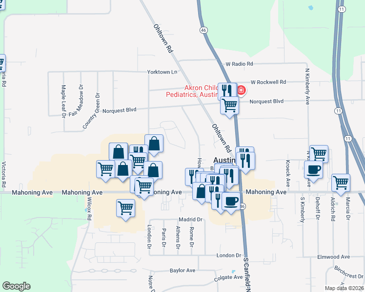 map of restaurants, bars, coffee shops, grocery stores, and more near 125 Fitch Boulevard in Youngstown