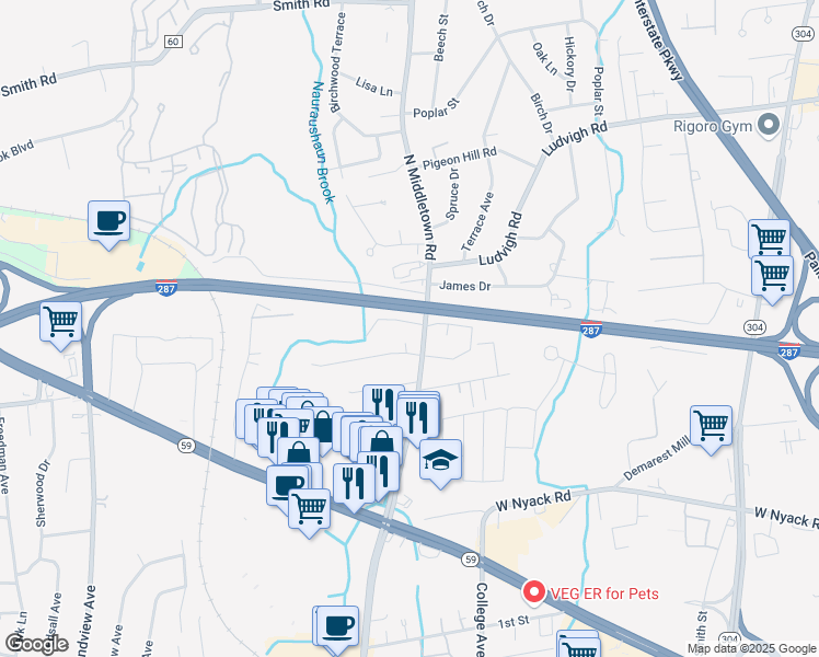 map of restaurants, bars, coffee shops, grocery stores, and more near 85 North Middletown Road in Nanuet