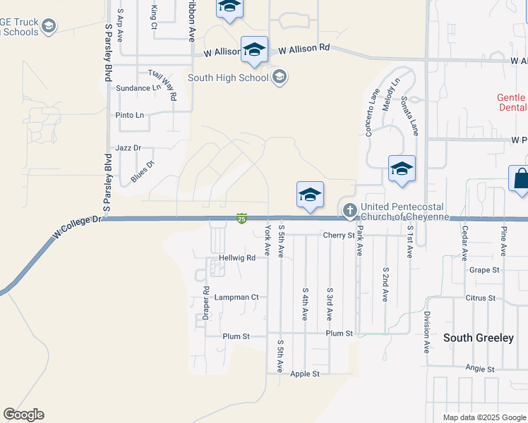 map of restaurants, bars, coffee shops, grocery stores, and more near 1400-1524 West College Drive in Cheyenne