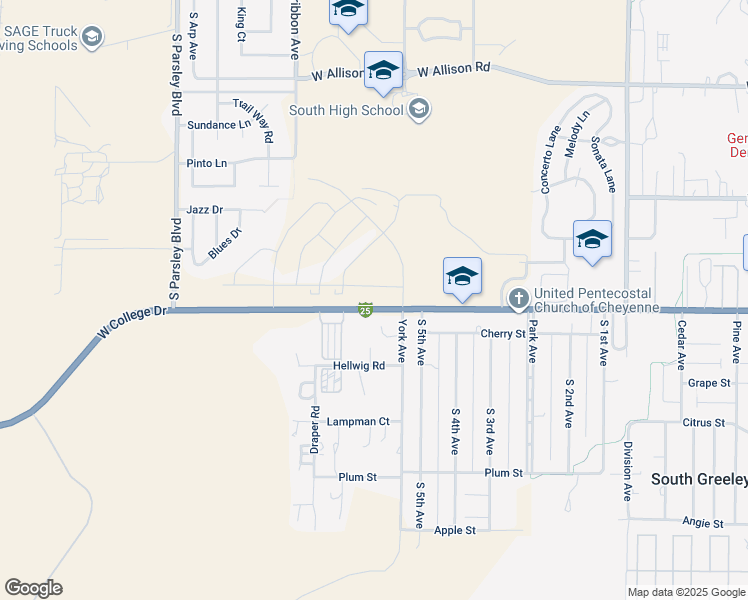 map of restaurants, bars, coffee shops, grocery stores, and more near 1400-1524 West College Drive in Cheyenne