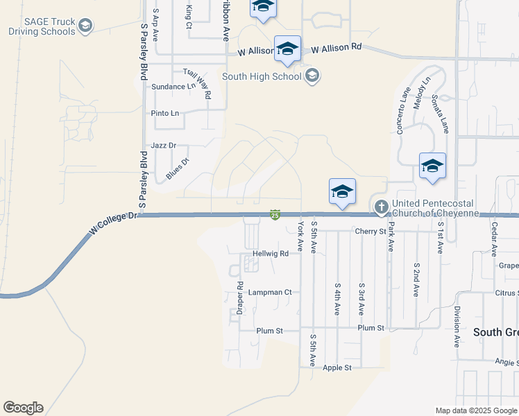 map of restaurants, bars, coffee shops, grocery stores, and more near 1400-1524 West College Drive in Cheyenne