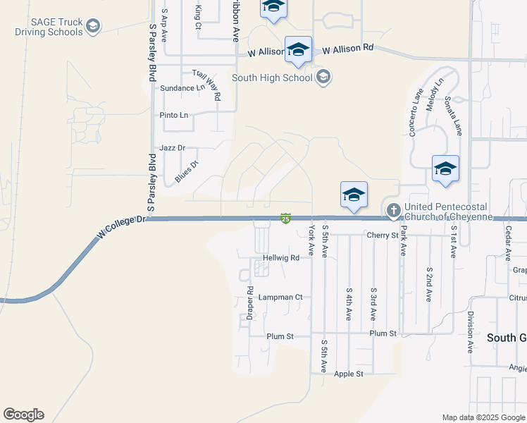 map of restaurants, bars, coffee shops, grocery stores, and more near 1400-1524 West College Drive in Cheyenne