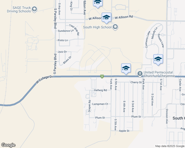 map of restaurants, bars, coffee shops, grocery stores, and more near 1611B West College Drive in Cheyenne