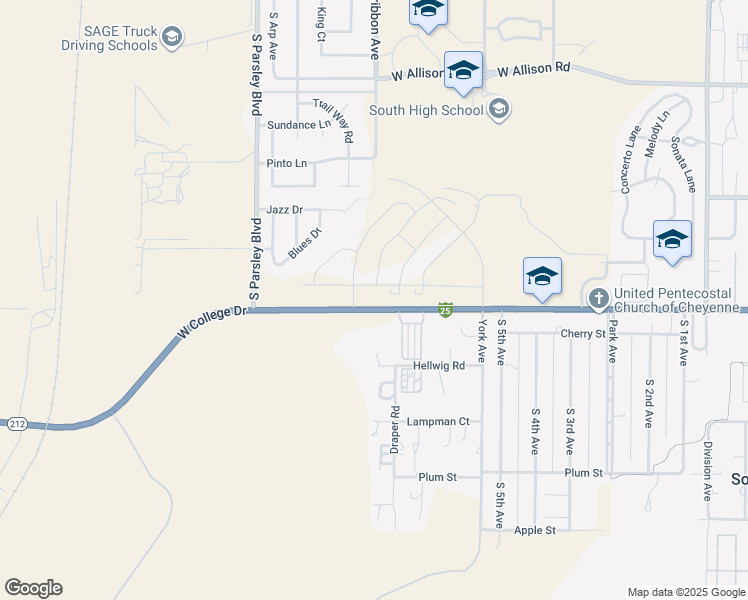 map of restaurants, bars, coffee shops, grocery stores, and more near 1578-1898 West College Drive in Cheyenne
