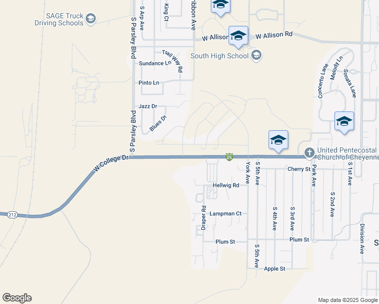 map of restaurants, bars, coffee shops, grocery stores, and more near 1578-1898 West College Drive in Cheyenne