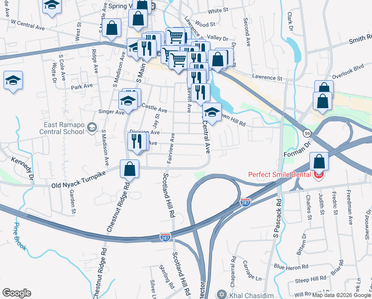map of restaurants, bars, coffee shops, grocery stores, and more near 50 Gerow Avenue in Rockland County