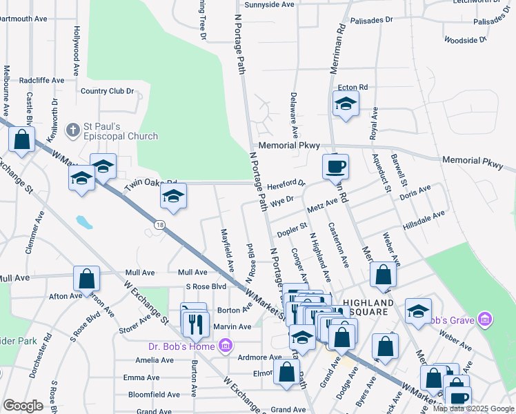 map of restaurants, bars, coffee shops, grocery stores, and more near 208 North Portage Path in Akron