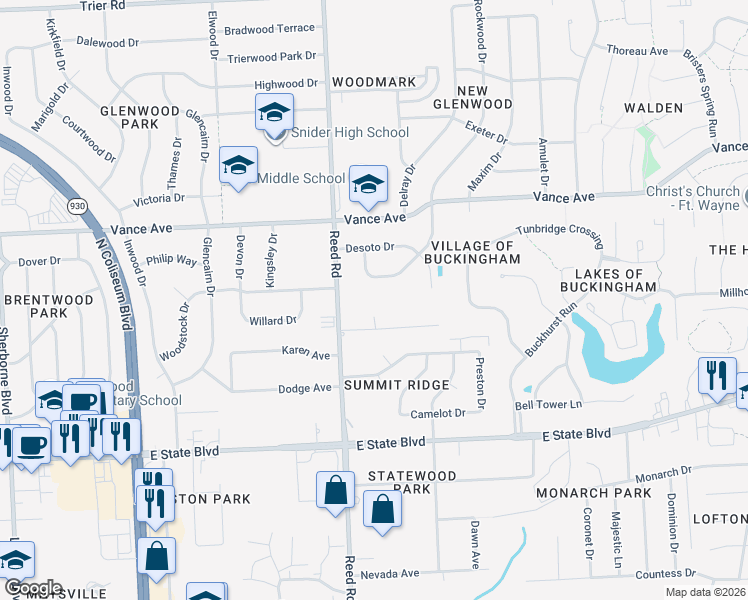 map of restaurants, bars, coffee shops, grocery stores, and more near 4906 Galway Drive in Fort Wayne