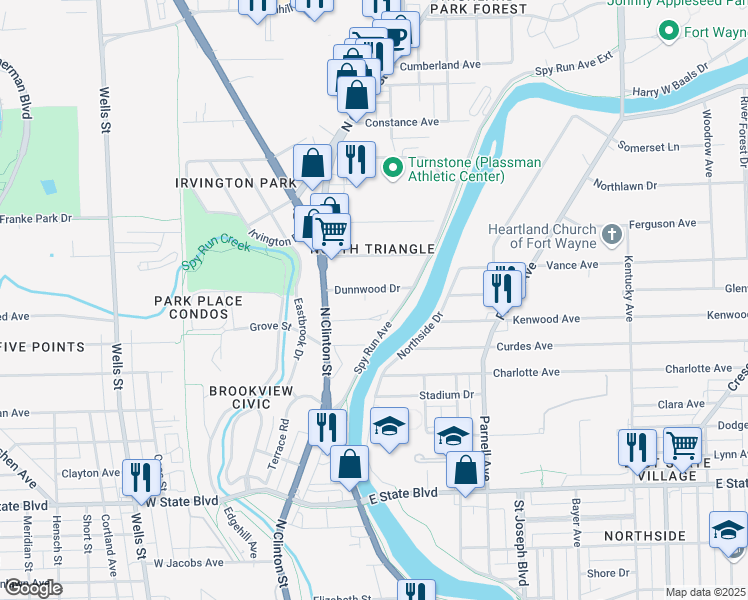 map of restaurants, bars, coffee shops, grocery stores, and more near 412 Dunnwood Drive in Fort Wayne